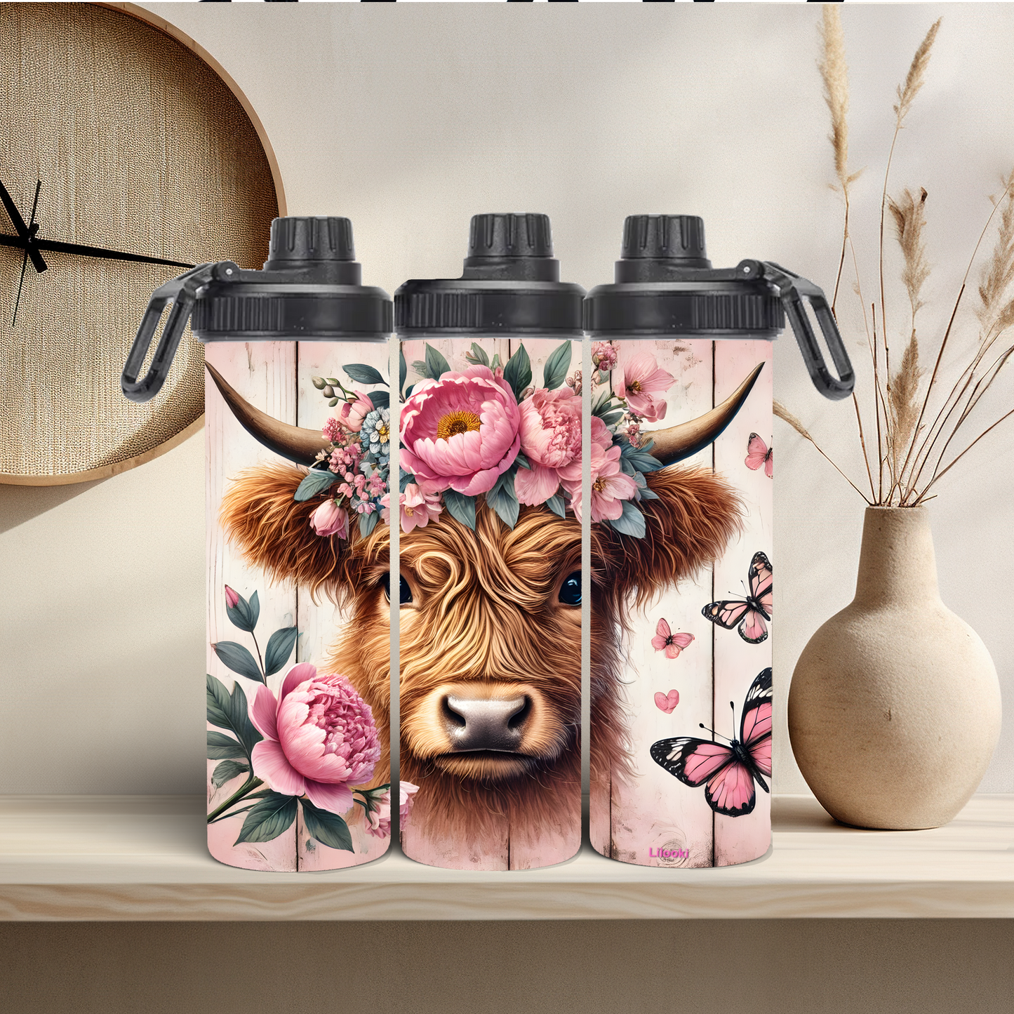 Tumbler / Thermosflasche mit Schraubverschluss - Highland Cow Blumen